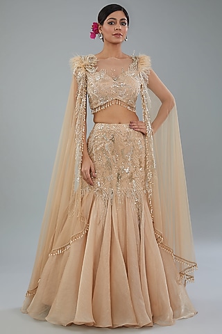 Golden Chiffon Organza Hand Beaded Lehenga Set by NEHA PUPREJA