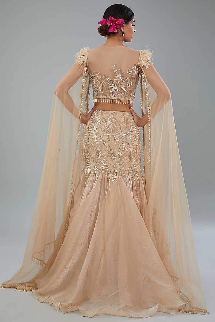 Golden Chiffon Organza Hand Beaded Wedding Lehenga Set by NEHA PUPREJA at Pernia's Pop Up Shop