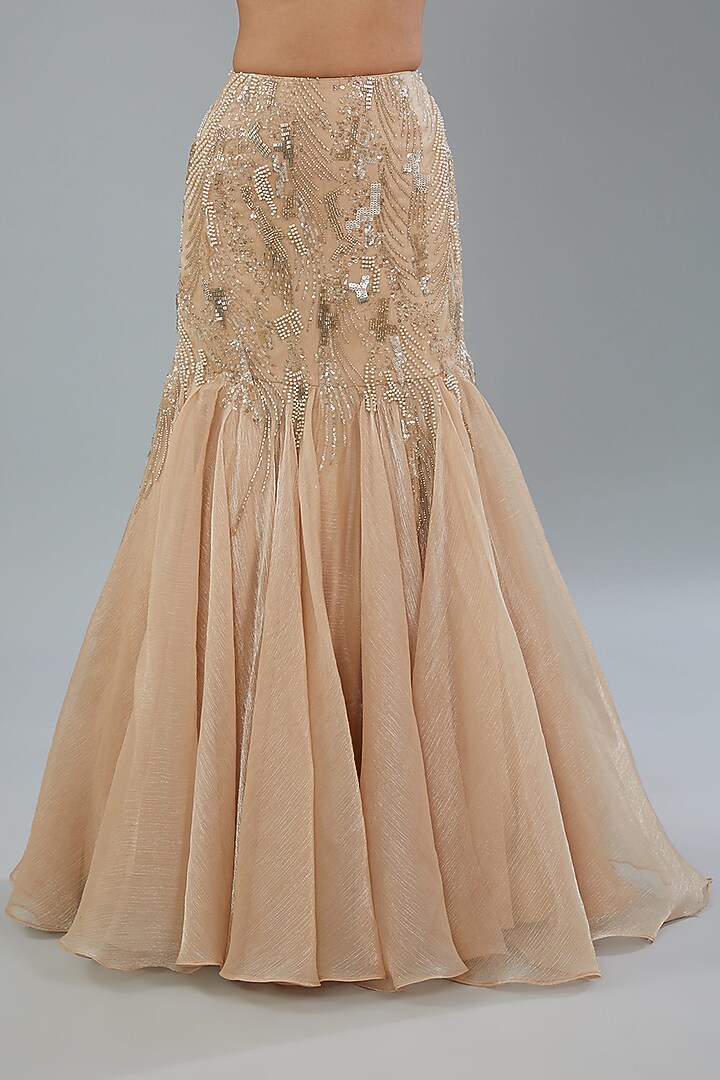 Golden Chiffon Organza Hand Beaded Wedding Lehenga Set by NEHA PUPREJA at Pernia's Pop Up Shop