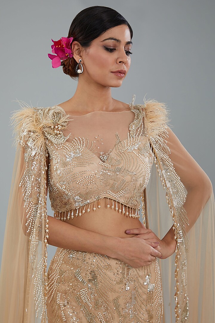Golden Chiffon Organza Hand Beaded Wedding Lehenga Set by NEHA PUPREJA at Pernia's Pop Up Shop