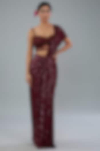 Maroon Sequins Ready-To-Wear Draped Saree Set  by NEHA PUPREJA