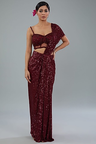 Maroon Sequins Ready-To-Wear Draped Saree Set  by NEHA PUPREJA
