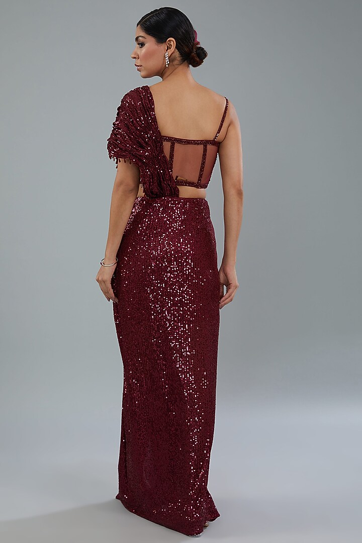Maroon Sequins Ready-To-Wear Draped Wedding Saree Set by NEHA PUPREJA at Pernia's Pop Up Shop