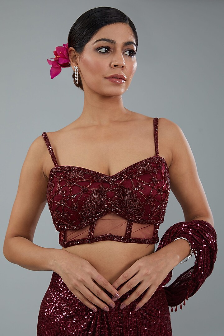 Maroon Sequins Ready-To-Wear Draped Wedding Saree Set by NEHA PUPREJA at Pernia's Pop Up Shop