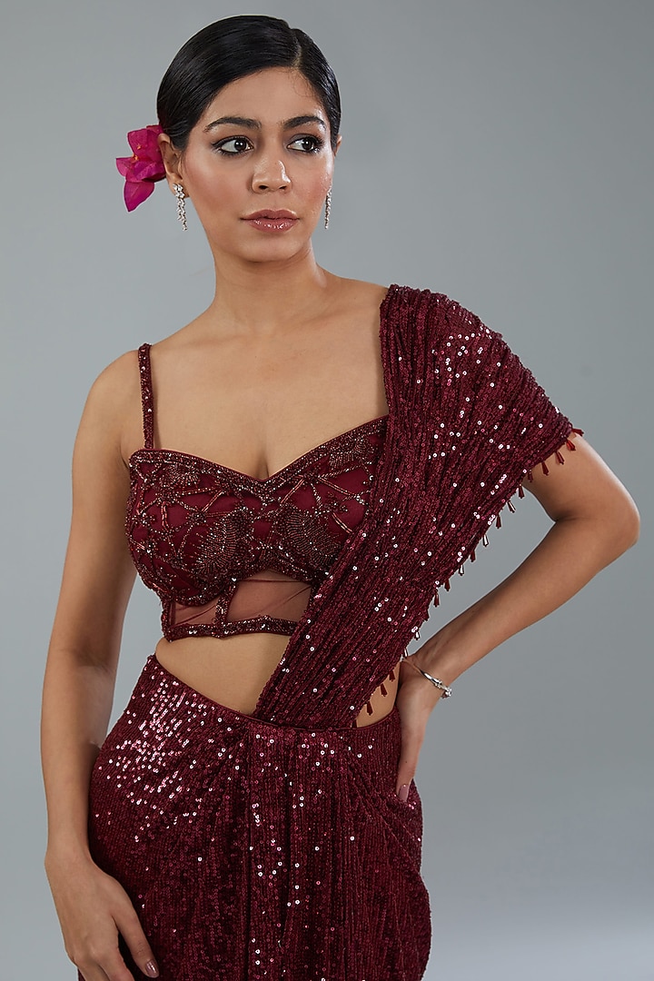 Maroon Sequins Ready-To-Wear Draped Wedding Saree Set by NEHA PUPREJA at Pernia's Pop Up Shop