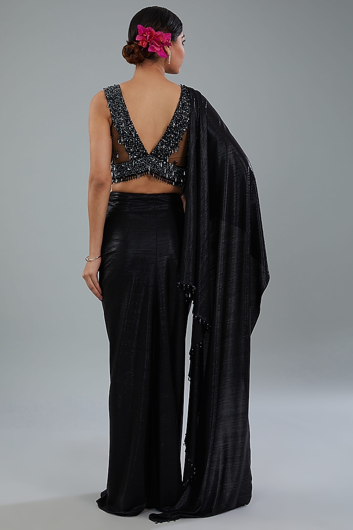 Black Lycra Draped Wedding Saree Set by NEHA PUPREJA at Pernia's Pop Up Shop