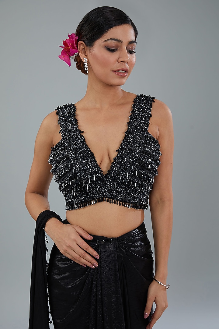 Black Lycra Draped Wedding Saree Set by NEHA PUPREJA at Pernia's Pop Up Shop