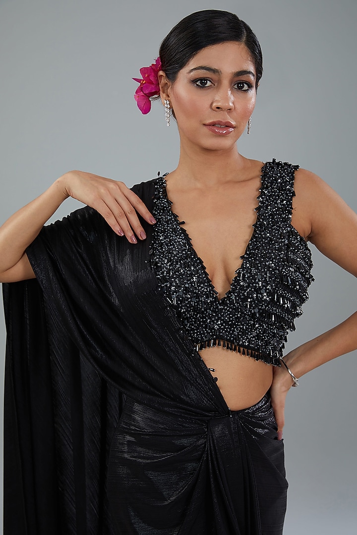 Black Lycra Draped Wedding Saree Set by NEHA PUPREJA at Pernia's Pop Up Shop