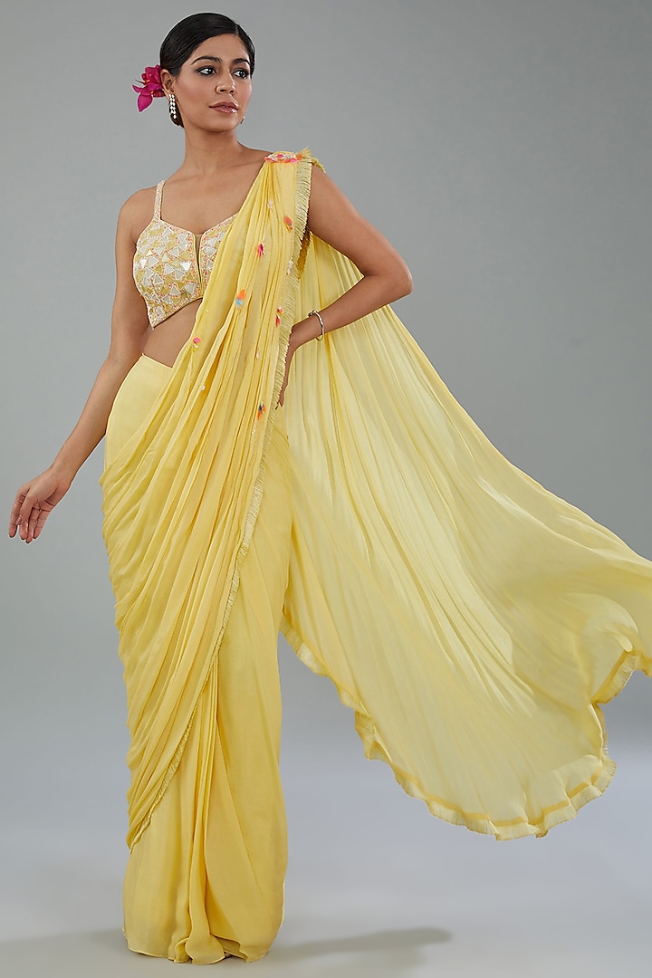 Yellow Chinon Chiffon Ready-To-Wear Saree Set by NEHA PUPREJA