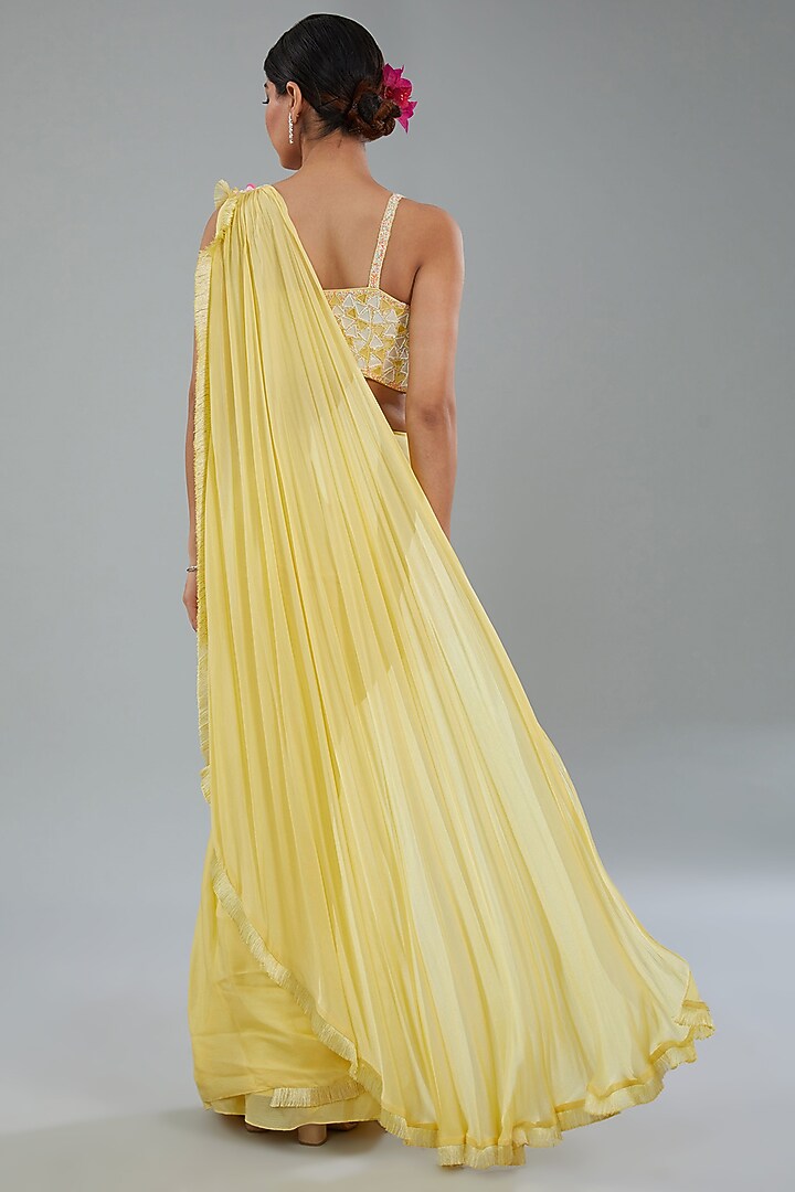 Yellow Chinon Chiffon Ready-To-Wear Wedding Saree Set by NEHA PUPREJA at Pernia's Pop Up Shop