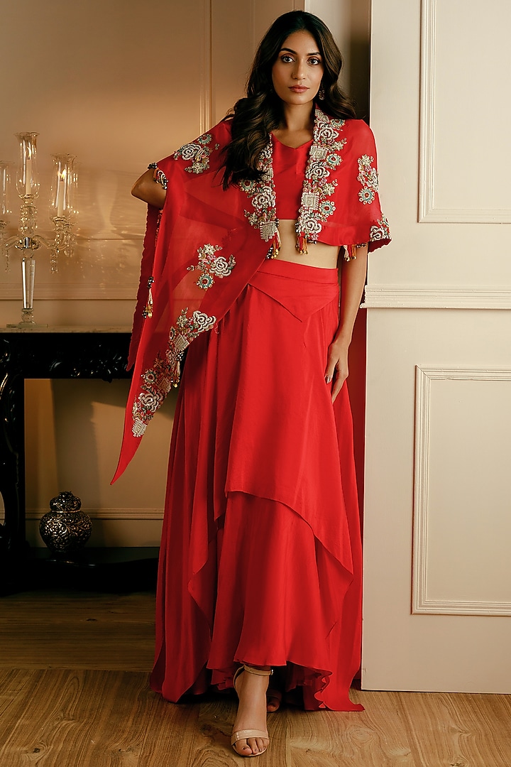 Red Silk & Organza Jacket Lehenga Set by Nehha Nhata