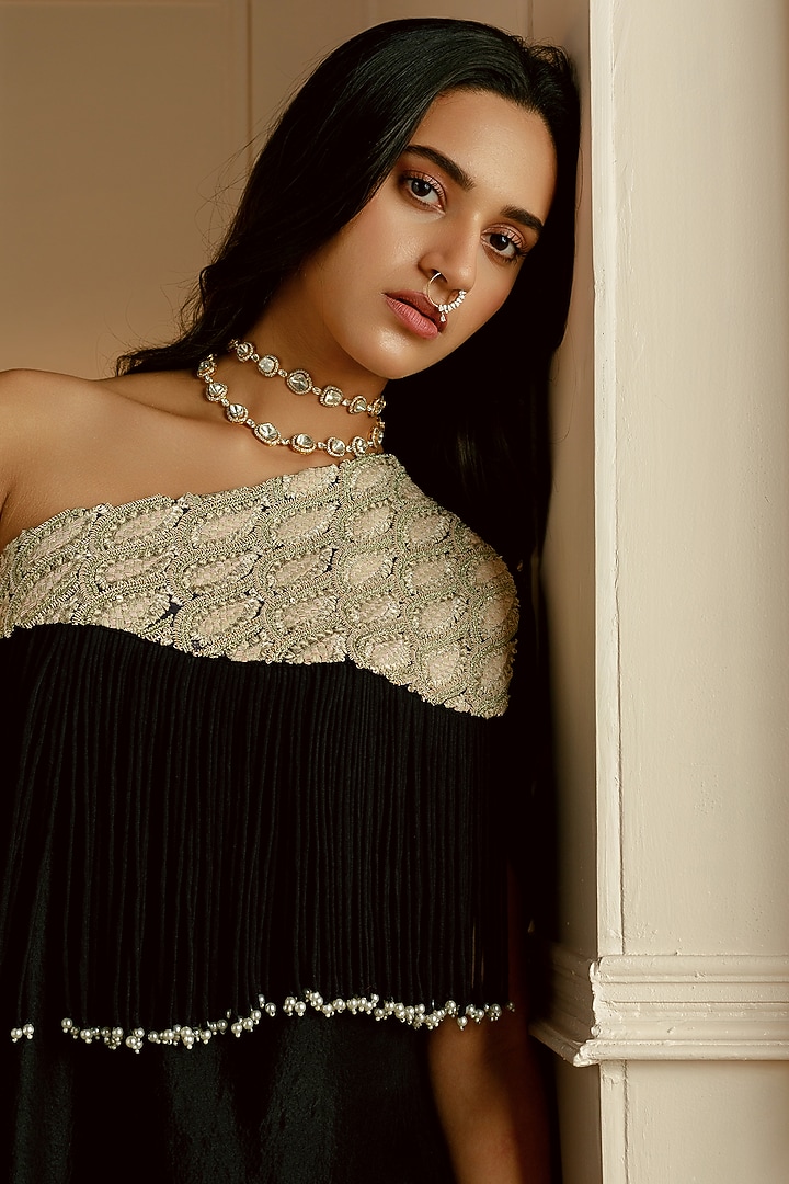 Black Silk Hand Embroidered Cape Set by Nehha Nhata at Pernia's Pop Up Shop
