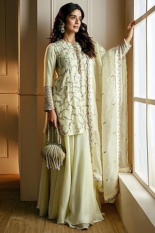 Beige Silk Sharara Set by Nehha Nhata