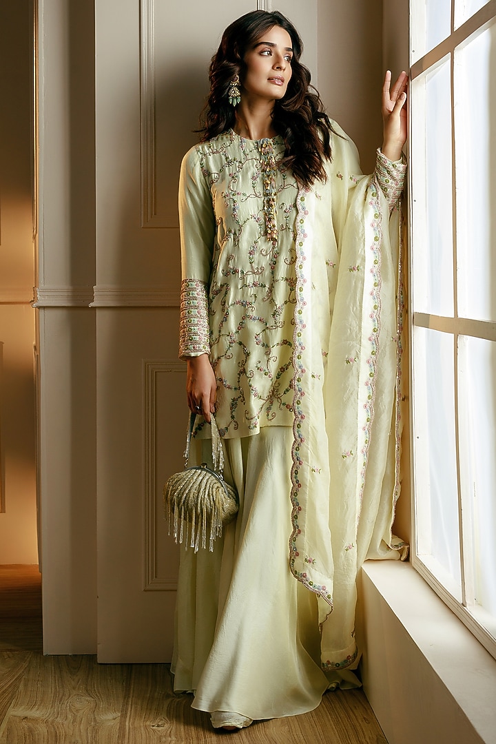 Beige Silk Wedding Sharara Set by Nehha Nhata at Pernia's Pop Up Shop
