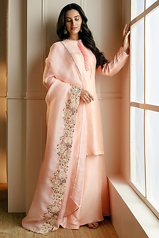 Peach Silk & Organza Sharara Set by Nehha Nhata