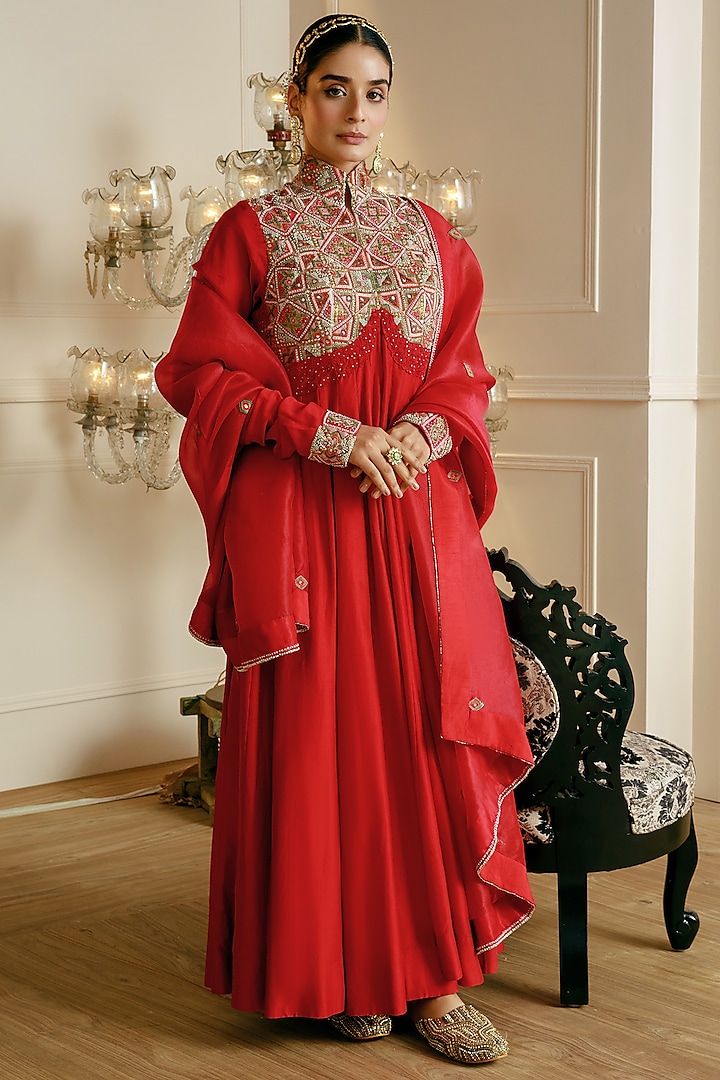 Red Chanderi Embroidered Anarkali Set by Nehha Nhata