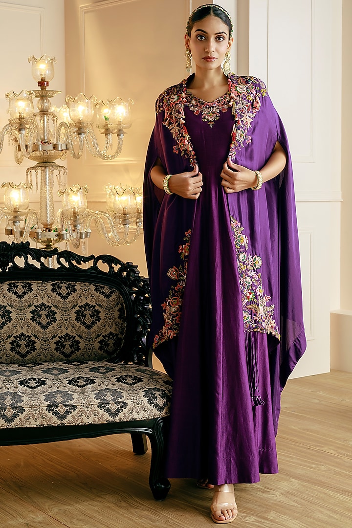 Purple Chanderi Embroidered Anarkali With Cape by Nehha Nhata