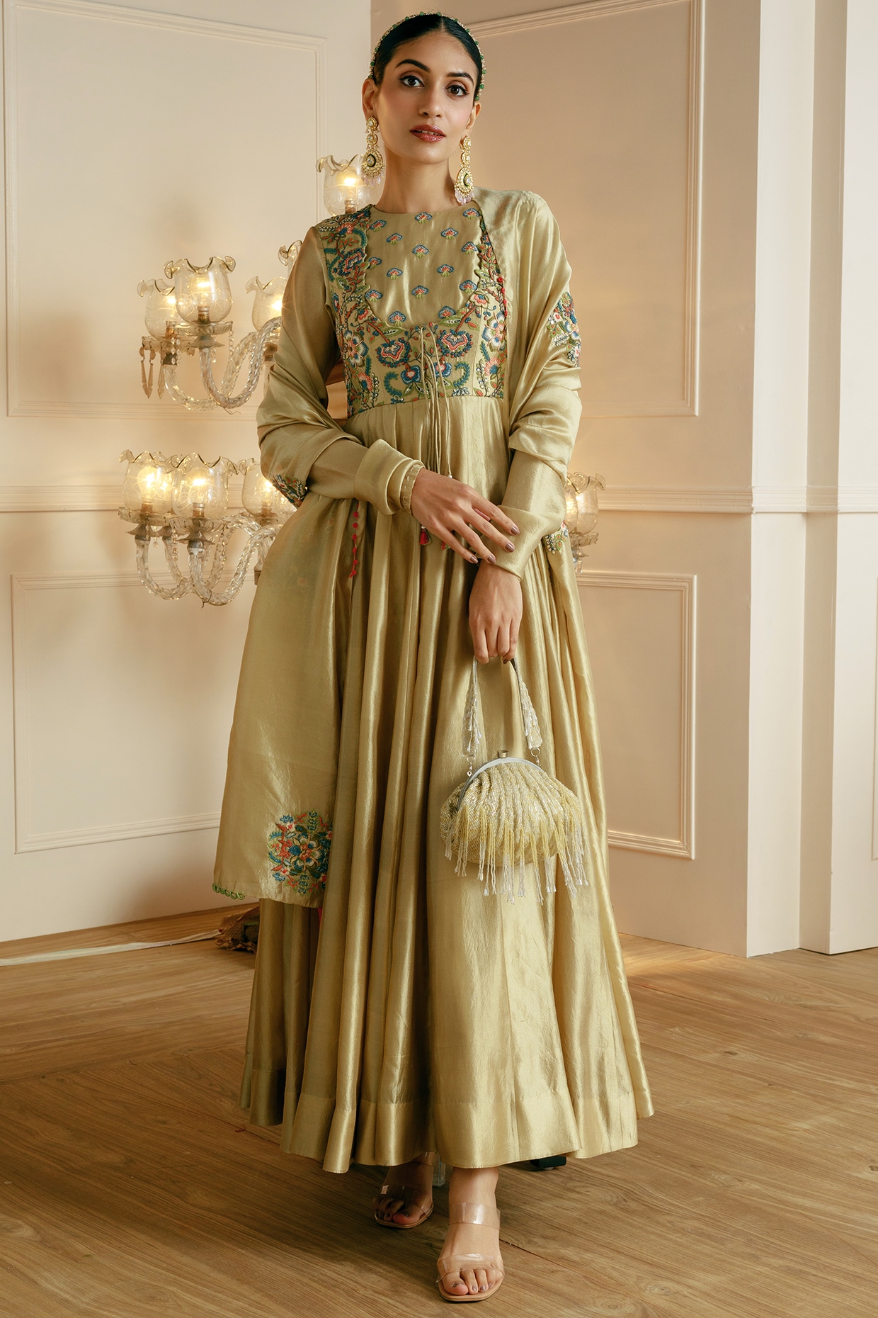 slim fit dress slacks Buy Beige Georgette Anarkali Suit With Sequins And Thread Embroidery main image 0