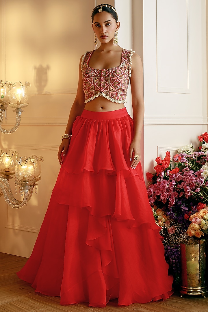 Red Organza Layered Lehenga Set by Nehha Nhata