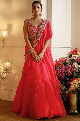 Red Organza Ruffled Lehenga Set by Nehha Nhata