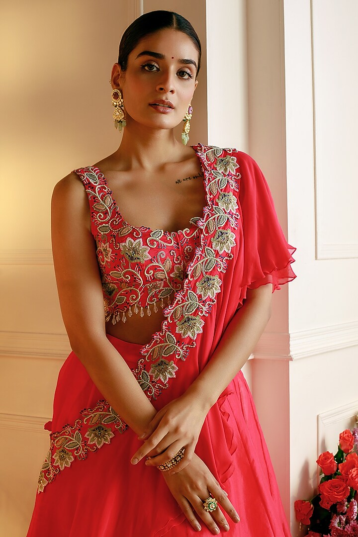 Red Organza Ruffled Wedding Lehenga Set by Nehha Nhata at Pernia's Pop Up Shop