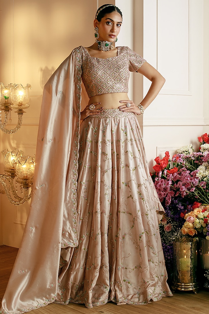 Champagne Silk Embroidered Bridal Lehenga Set by Nehha Nhata at Pernia's Pop Up Shop