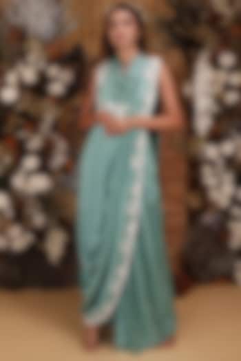 Sage Green Embroidered Draped Saree Gown by Nehha Nhata