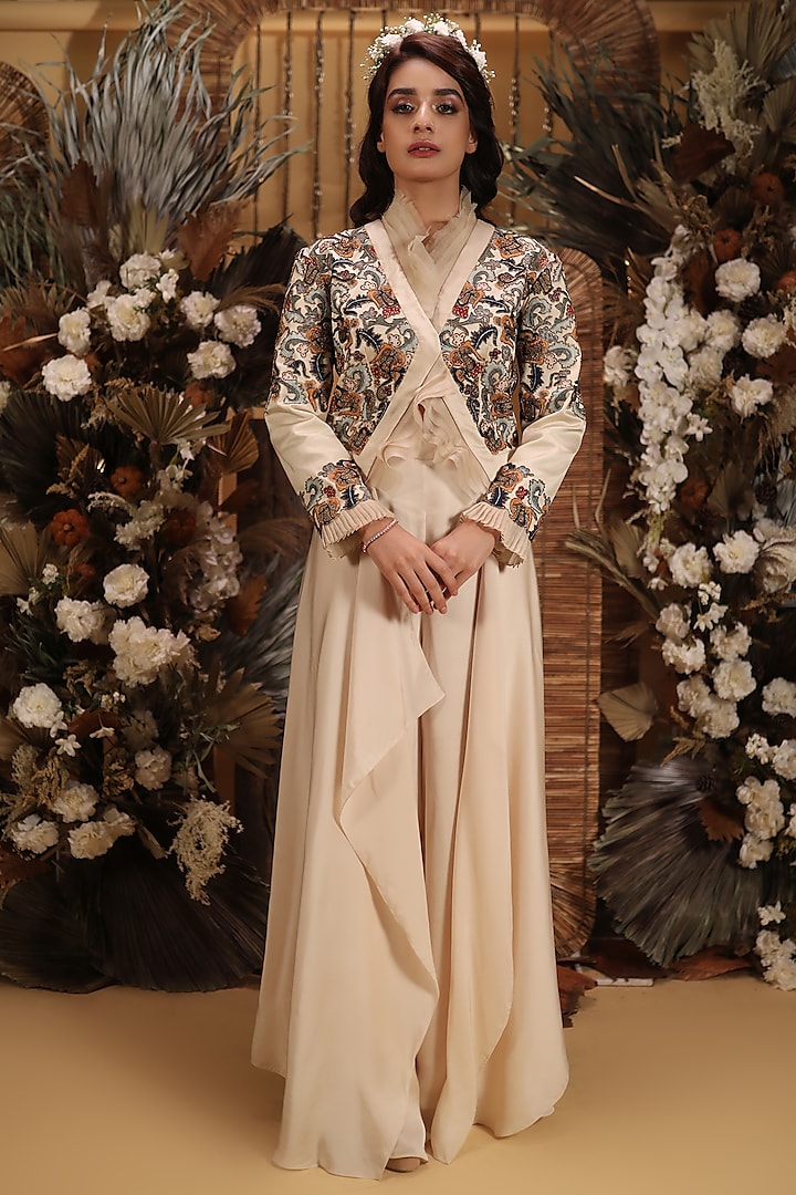 Beige Floral Embroidered Jacket Set by Nehha Nhata