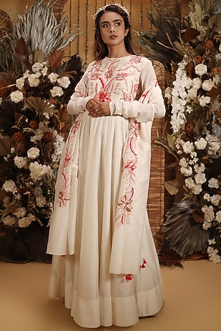 Off White Anarkali Set With Beads Work by Nehha Nhata