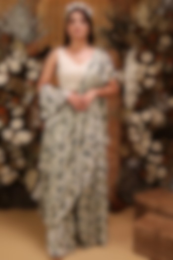 Ivory Printed Sharara Saree Set by Nehha Nhata at Pernia's Pop Up Shop