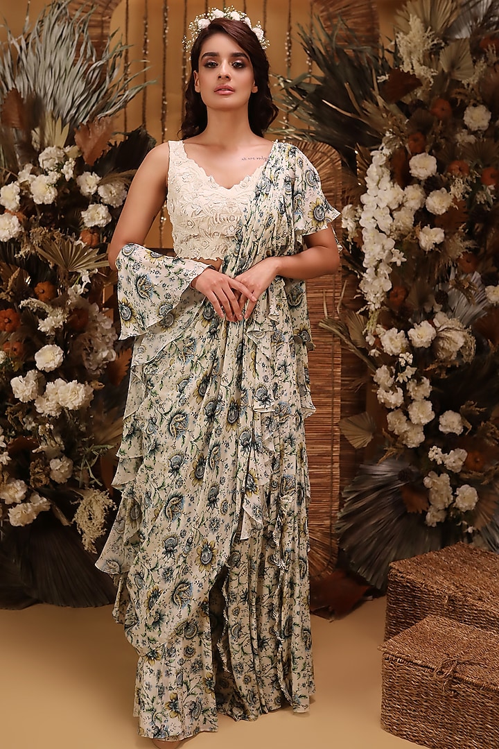 Ivory Printed Sharara Saree Set by Nehha Nhata at Pernia's Pop Up Shop