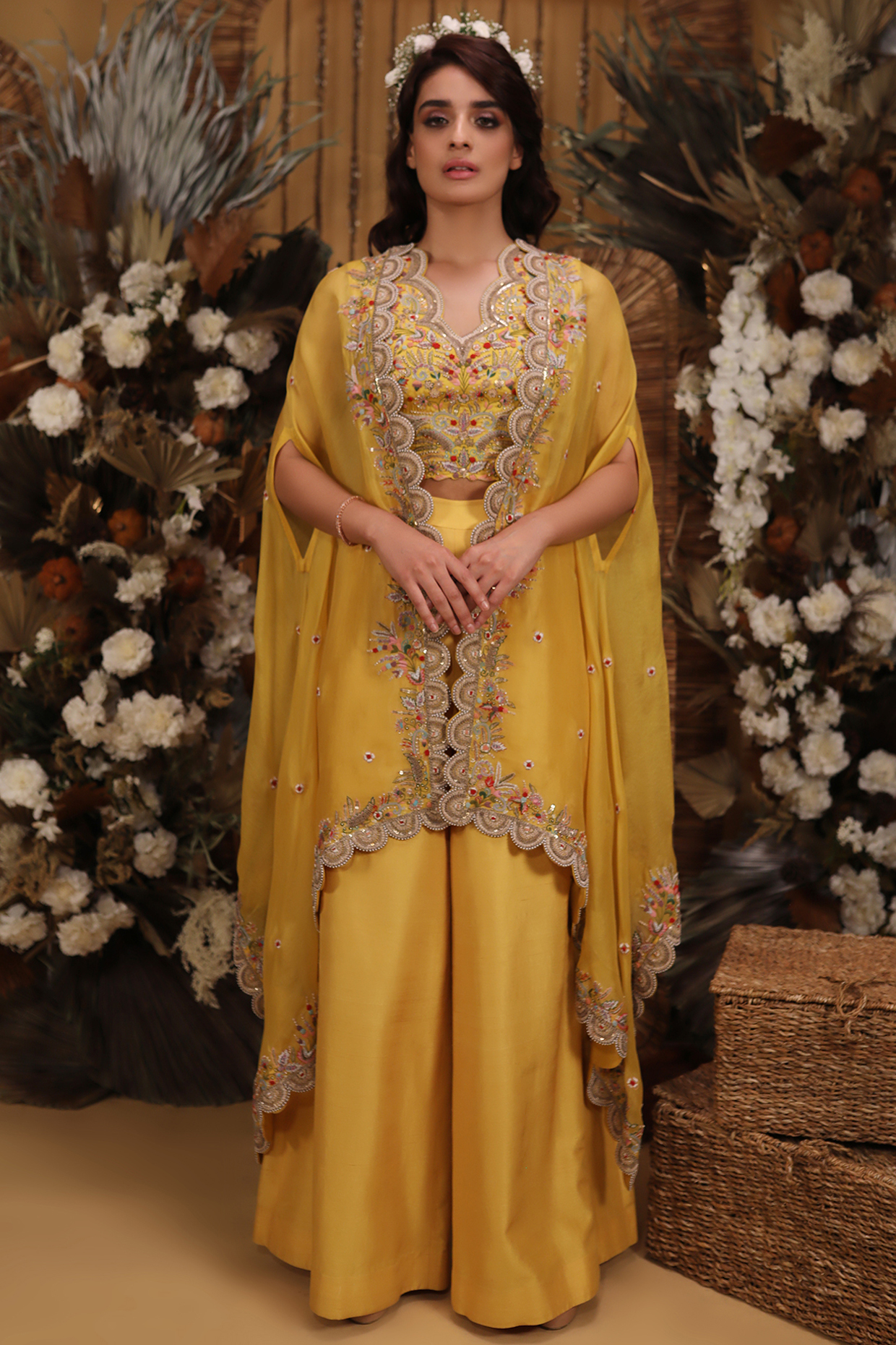 Yellow Scalloped Cape Set by Nehha Nhata at Pernia's Pop Up Shop