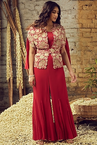 Cherry Red Hand Embroidered Cape Set by Nehha Nhata