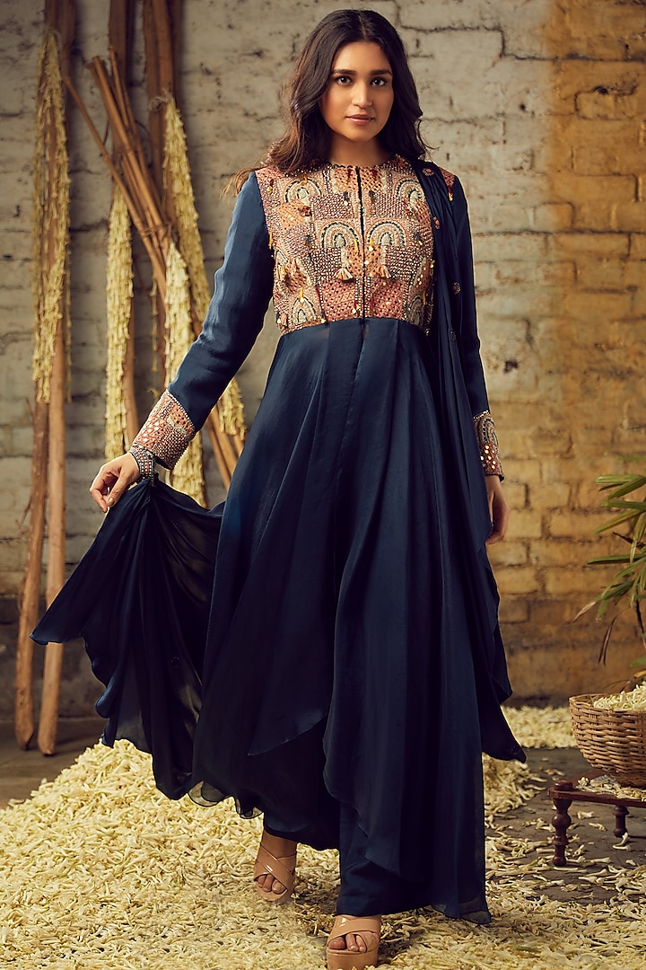 Navy Blue Hand Embroidered Jacket Set by Nehha Nhata