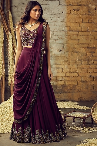 Wine Crepe Hand Embroidered Sharara Saree Set by Nehha Nhata