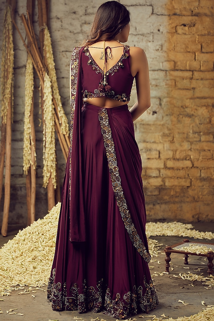 Wine Crepe Hand Embroidered Sharara Reception Saree Set by Nehha Nhata at Pernia's Pop Up Shop
