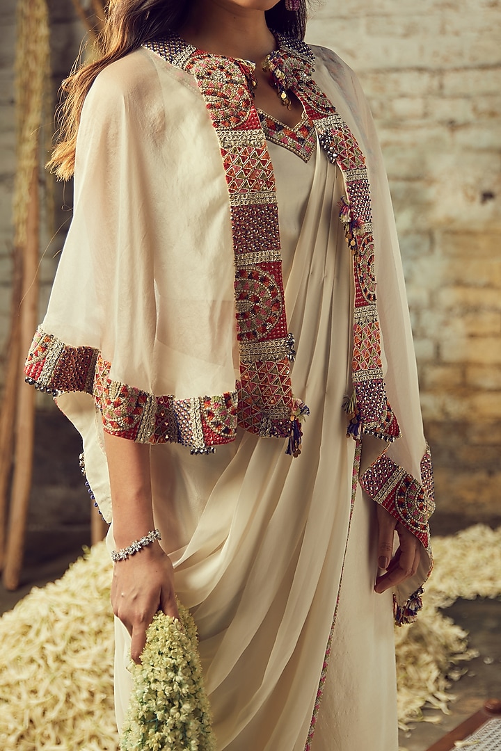 Ivory Hand Embroidered Draped Wedding Saree Set by Nehha Nhata at Pernia's Pop Up Shop