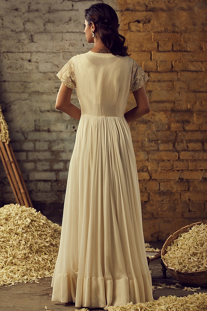 Ivory Hand Embroidered Long Jacket Set by Nehha Nhata at Pernia's Pop Up Shop