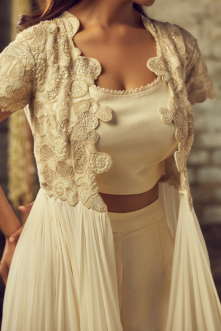 Ivory Hand Embroidered Long Jacket Set by Nehha Nhata at Pernia's Pop Up Shop
