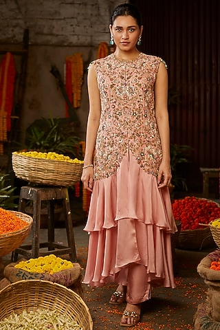 Rose Pink Hand Embroidered Jacket Set by Nehha Nhata