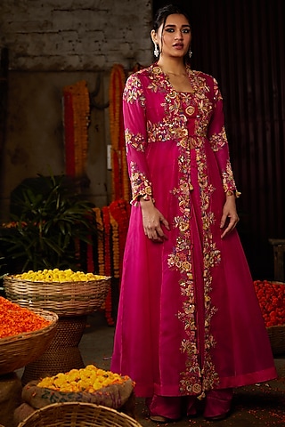 Fuchsia Pink Hand Embroidered Jacket Set by Nehha Nhata
