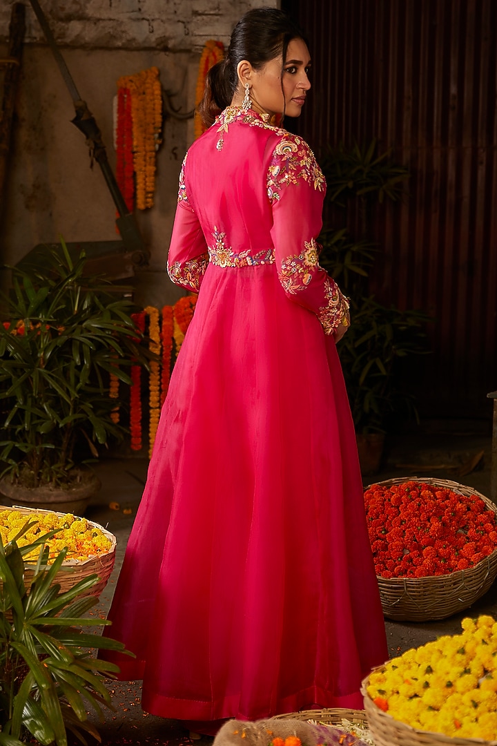 Fuchsia Pink Hand Embroidered Jacket Set by Nehha Nhata at Pernia's Pop Up Shop