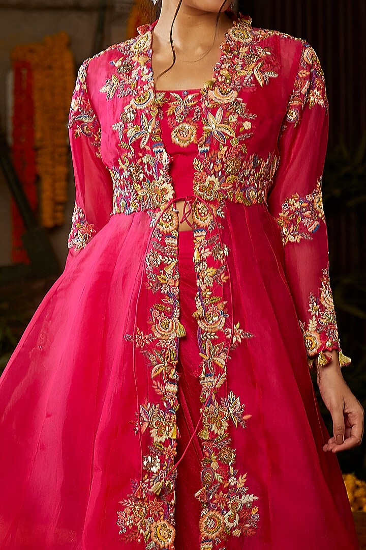 Fuchsia Pink Hand Embroidered Jacket Set by Nehha Nhata at Pernia's Pop Up Shop