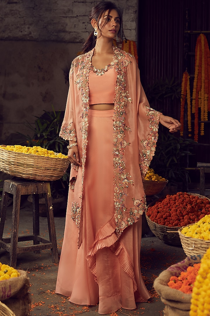 Rose Pink Hand Embroidered Jacket Set by Nehha Nhata