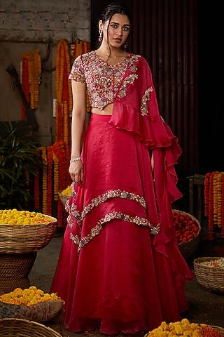 Fuchsia Pink Hand Embroidered Lehenga Set by Nehha Nhata