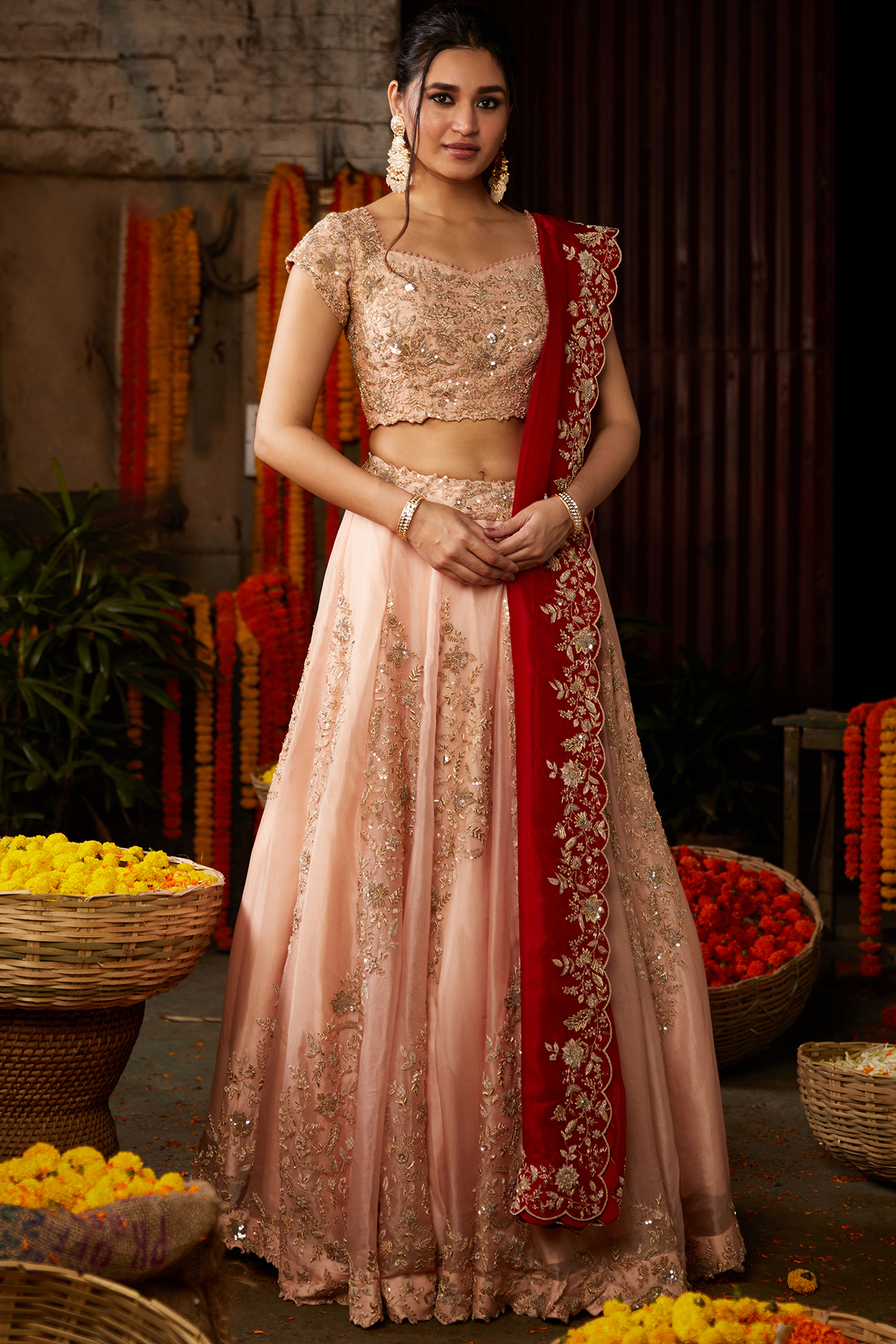 Rose Pink Hand Embroidered Lehenga Set by Nehha Nhata