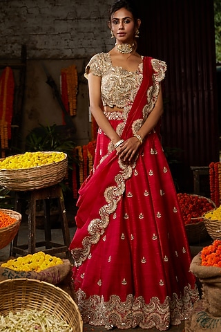 Fuschia Pink Hand Embroidered Lehenga Set by Nehha Nhata