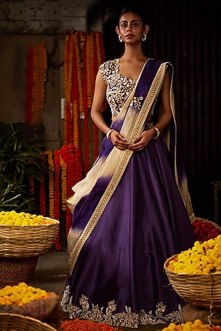 Purple Hand Embroidered Lehenga Set by Nehha Nhata
