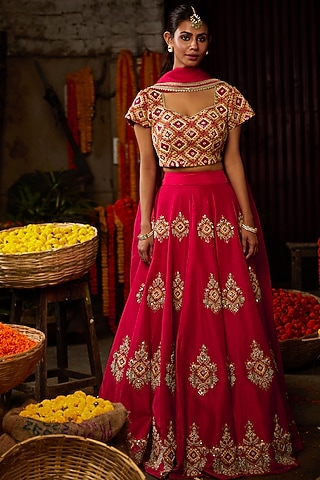Red Hand Embroidered Lehenga Set by Nehha Nhata