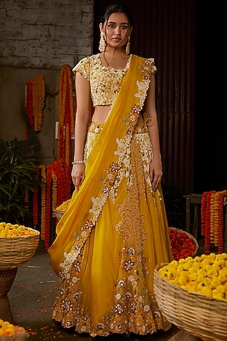 Mustard Yellow Hand Embroidered Lehenga Set by Nehha Nhata